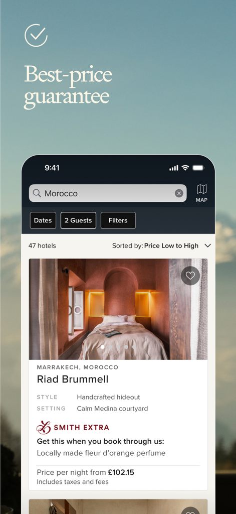 Mr & Mrs Smith boutique hotels - Mr and Mrs Smith app interface showing a curated boutique hotel listing for Riad Brummell in Marrakech Morocco