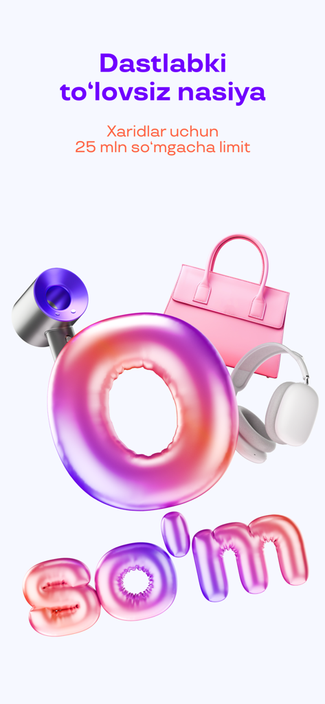 Uzum Nasiya marketing screen showing zero down payment installments with 3D lifestyle items