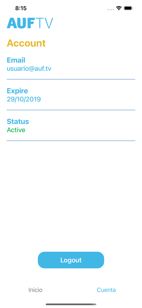 AUF TV - Pantalla de cuenta de la aplicación móvil AUF TV que muestra el estado de suscripción activa y la información del perfil del usuario