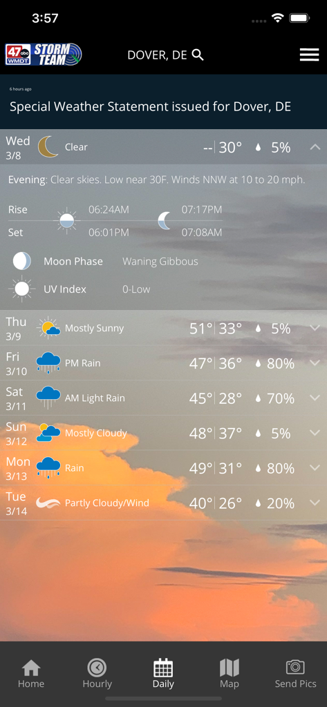 A screenshot of the 47abc Weather app showing a daily forecast for Dover Delaware with a 7 day outlook including temperatures and rain chances.