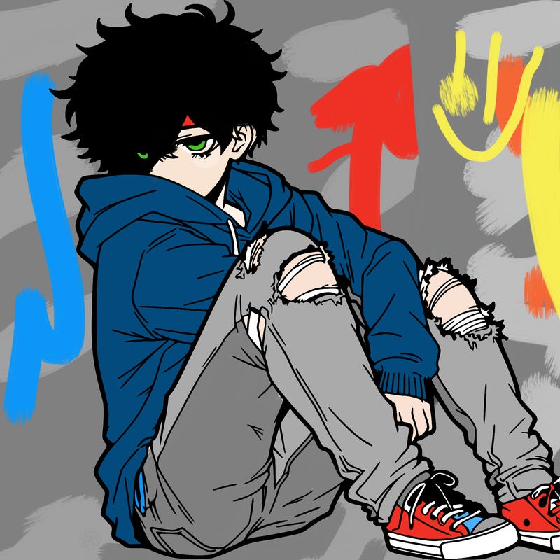 a male hoddie ripped jeans messy hair anime