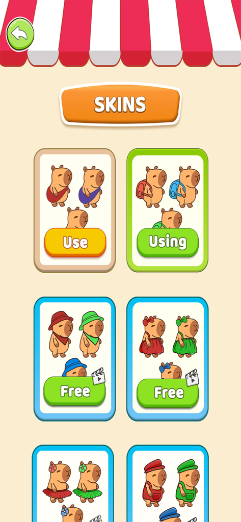 Character skins selection screen showing capybaras in various outfits and hats