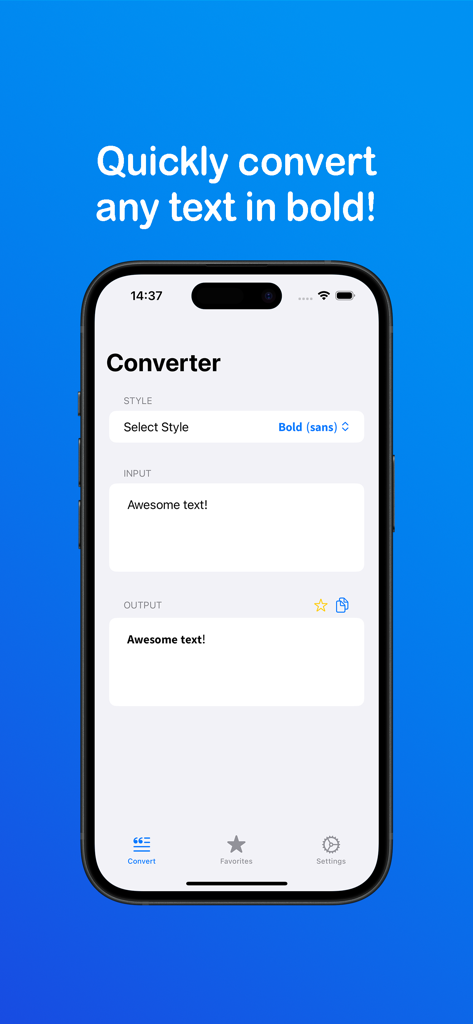 Bold Text - A tela do conversor do aplicativo Texto em Negrito mostrando texto simples sendo transformado em um estilo de fonte em negrito em uma interface do iPhone.