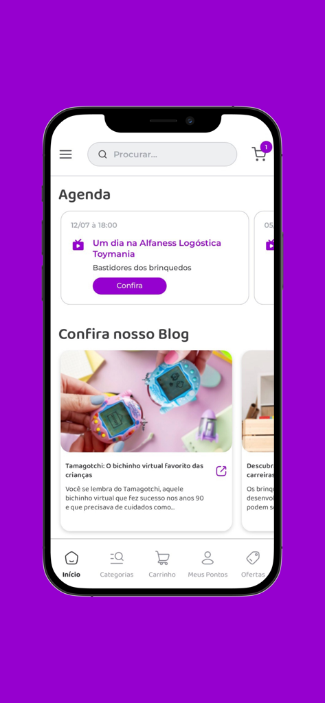 Toymania mobile app interface showing the agenda and toy blog sections with a featured post about Tamagotchi.