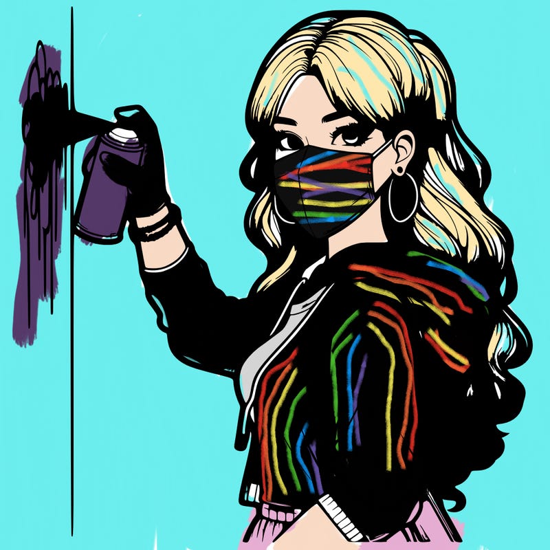 realistic girl with mask spray painting a wall