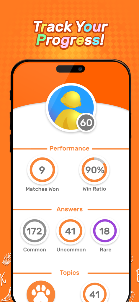 That's so...Trivia - A mobile screenshot of the Thats so Trivia app showing player performance stats including win ratio and total matches won