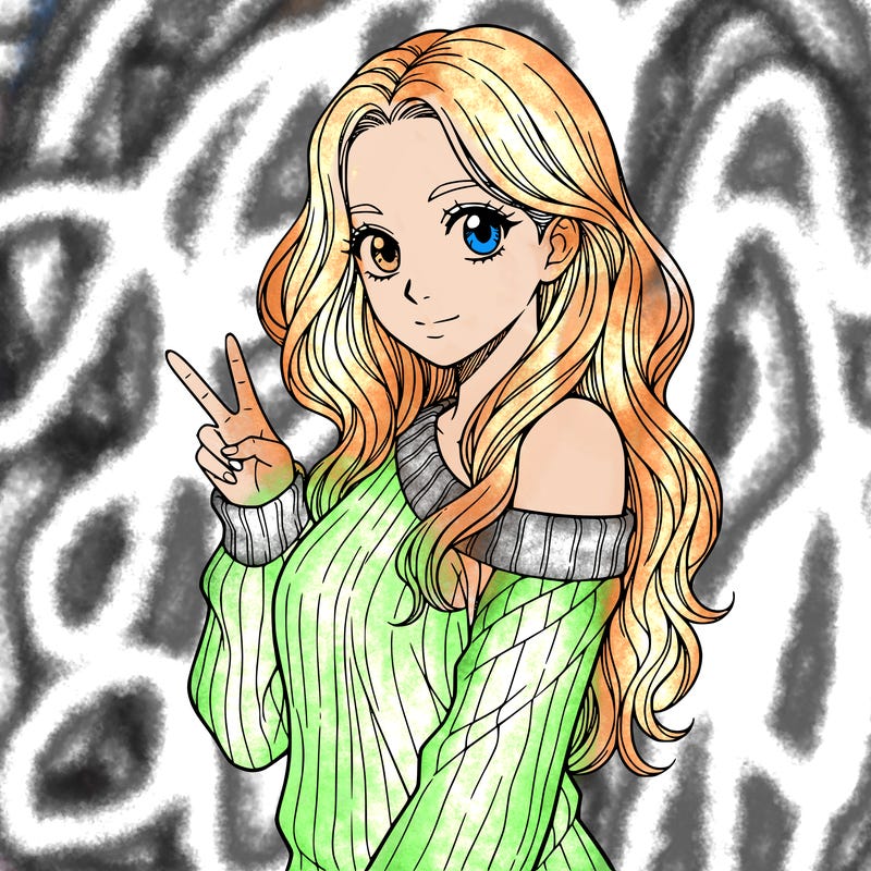 a girl with long hair. make only from her waist up showing and she is wearing g a sweater the is half off her shoulder. she needs to hold one peace sign. make her have no mouth, only have eyes. make her whole body facing the camera. and no black hair.