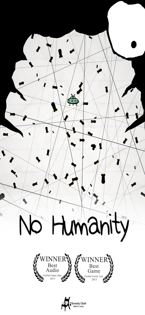 Hand drawn doodle style bullet hell gameplay from No Humanity featuring a small UFO dodging bombs and chaotic lines
