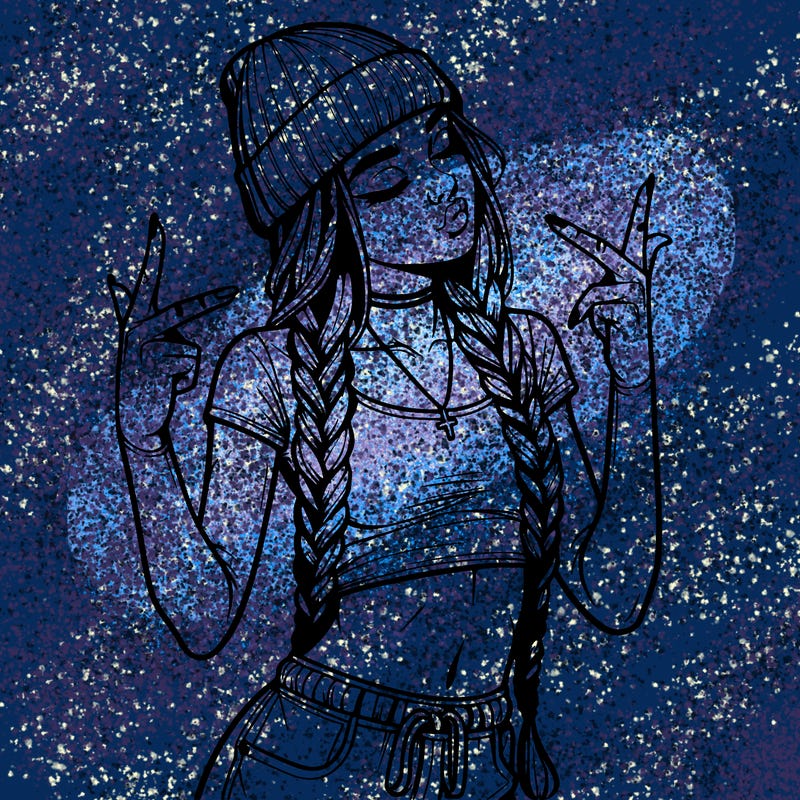 realistic teenage girl with braids and a beanie and crop top doing 🫶🏼