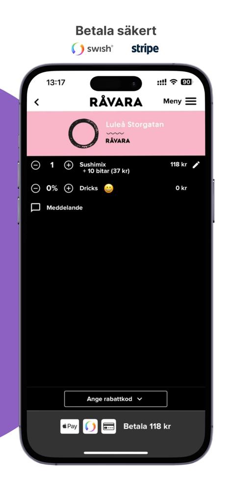 Checkout screen of the Råvara app showing a sushi order summary with secure payment options including Apple Pay and Swish.