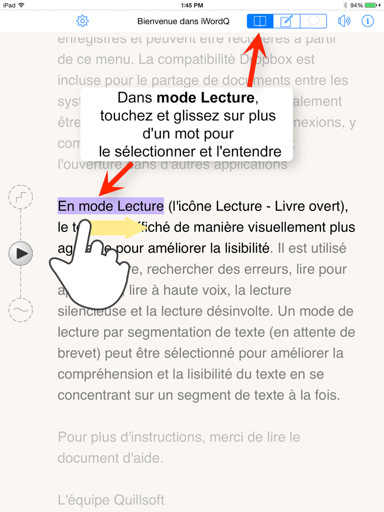 iWordQ EUfr - Interface of the iWordQ EUfr app on iPad demonstrating the text selection feature in reading mode for text-to-speech feedback.