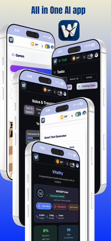 Wakti AI - Screenshots of Wakti AI app on multiple iPhones showing productivity tasks, bilingual AI voice tools, and WHOOP health data integration.