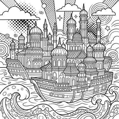 Embark on a creative voyage with this enchanting Pop Art Floating Palace coloring page. Featuring intricate details of an elaborate vessel adorned with grand architecture and dynamic comic-style patterns, it promises hours of imaginative fun.