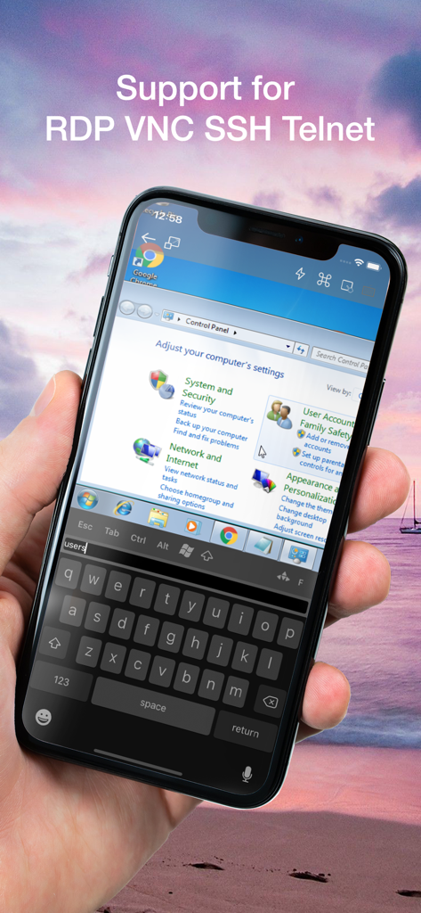 iPhone mostrando una sesión de escritorio de Windows remoto utilizando la aplicación Remoter VNC