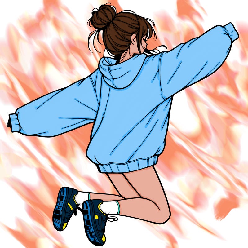 realistic girl jumping with a bun and oversized sweatshirt