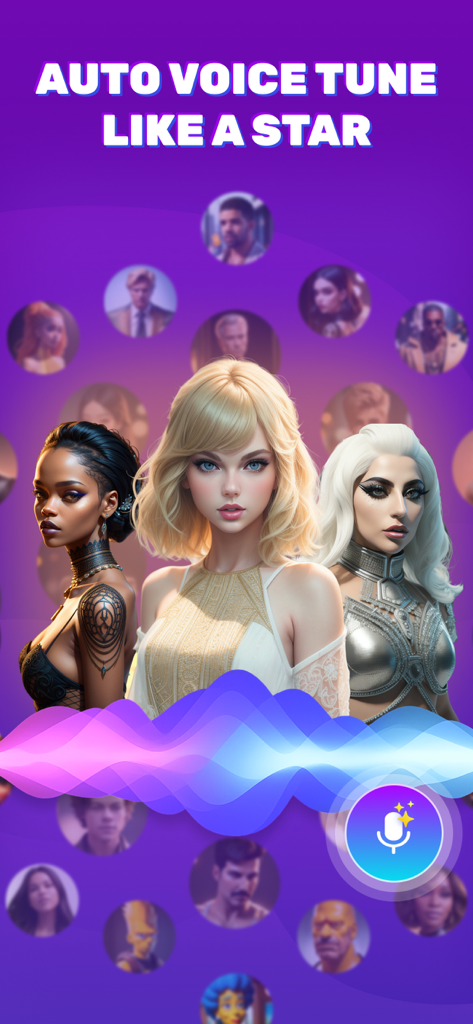 Voice Tuner app screen showing the auto voice tune feature with AI celebrity avatars and a sound waveform.