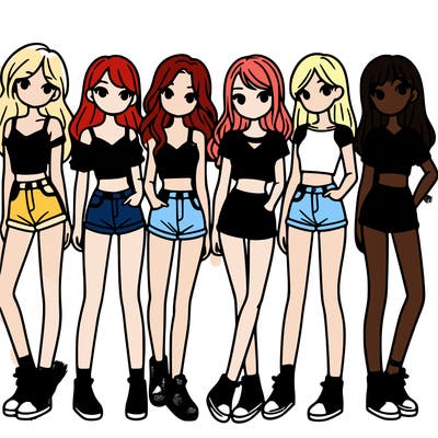 a group of girls wearing crop tops and shorts
