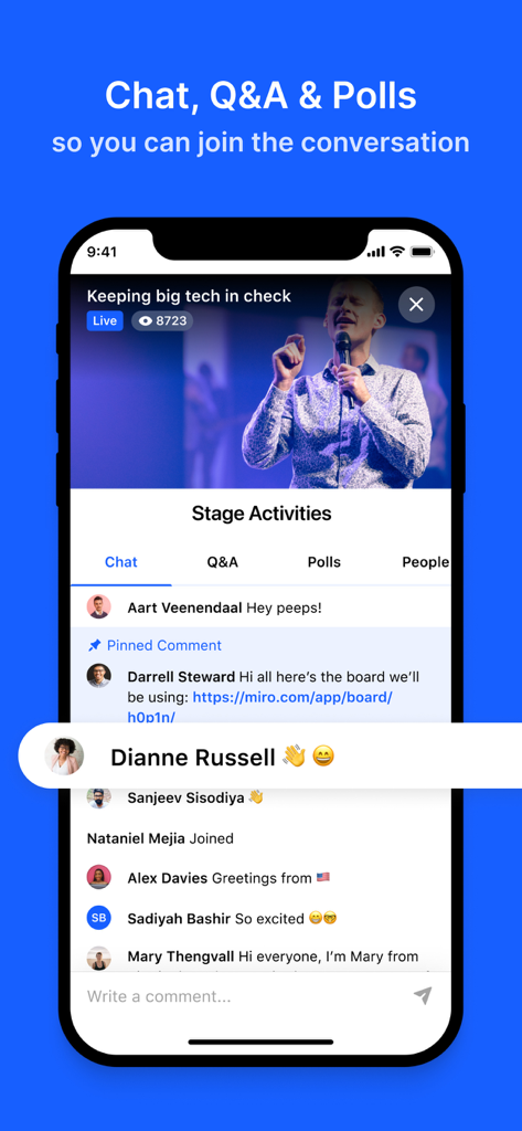 RingCentral Events - A mobile interface for RingCentral Events showing a live video session with integrated chat and Q&A tabs for audience participation.