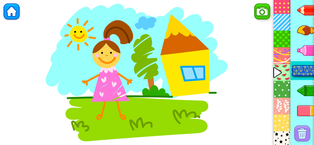 Kids Drawing & Coloring Game - Dessin numérique d'une fille, d'une maison et du soleil par un enfant dans l'interface du jeu de coloriage pour enfants.