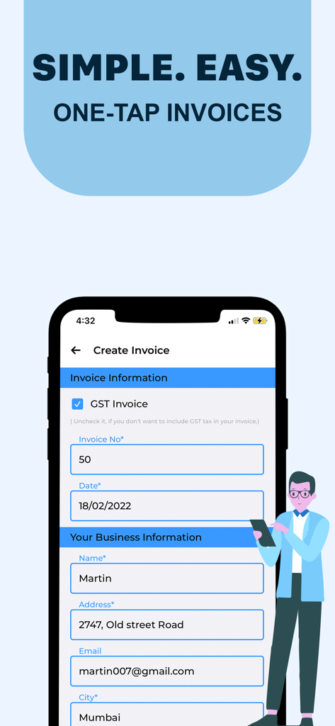 GST invoice and Bill Maker App - A smartphone displaying the create invoice screen of the GST Invoice and Bill Maker app with business information fields.