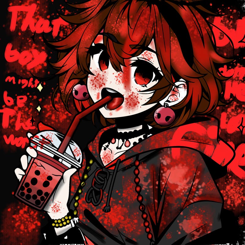 hot baddie anime girl drinking boba and biting the straw