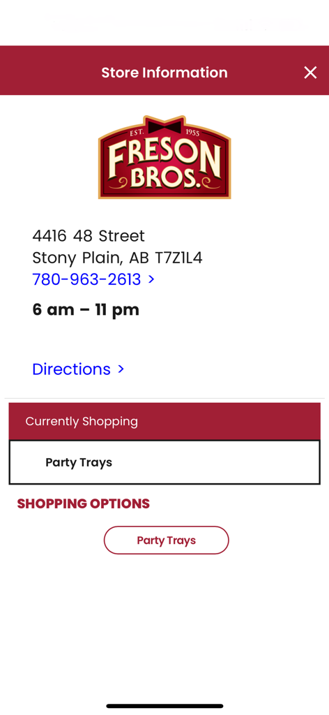 Freson Bros. - Freson Bros mobile app store information screen for the Stony Plain location showing hours and address