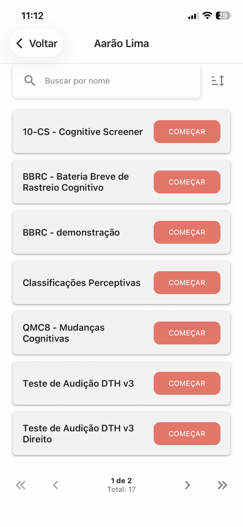 Noar Health - Noar Health app interface showing a menu of cognitive and auditory screening tests.
