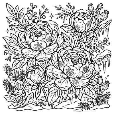 Dive into a magical winter scene with our beautiful herbaceous peonies coloring page, where delicate blossoms meet glistening snowflakes. This intricate design offers a calming and creative escape, perfect for all ages.