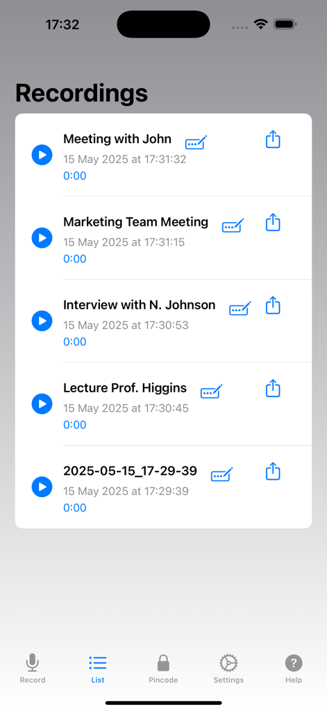 A list of organized audio recordings for meetings and interviews in the Secure Voice Recorder app.