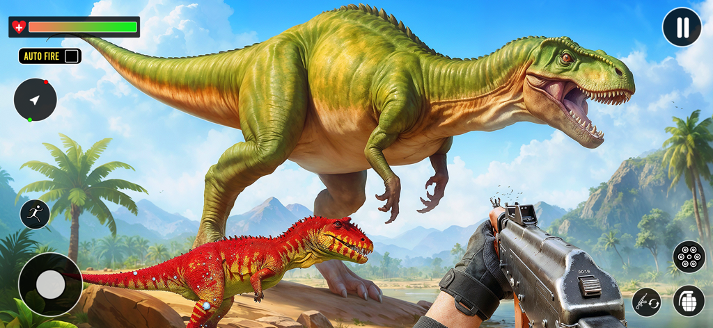 Vista en primera persona de un jugador apuntando un rifle a un gran T-Rex verde y un dinosaurio rojo en un entorno de jungla tropical