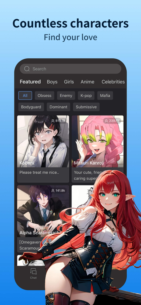 Hi.AI - Chat With AI Character - Interfaz de la aplicación Hi.AI que muestra perfiles de personajes de anime para roleplay de IA