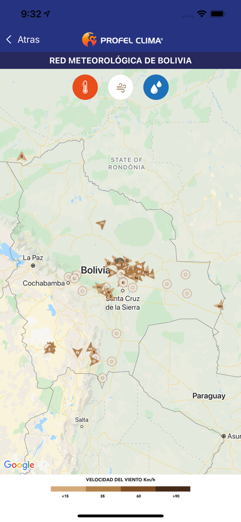 PROFEL Clima 2.0 - Mapa meteorológico de Bolivia que muestra la velocidad del viento y las ubicaciones de las estaciones meteorológicas en la aplicación PROFEL Clima