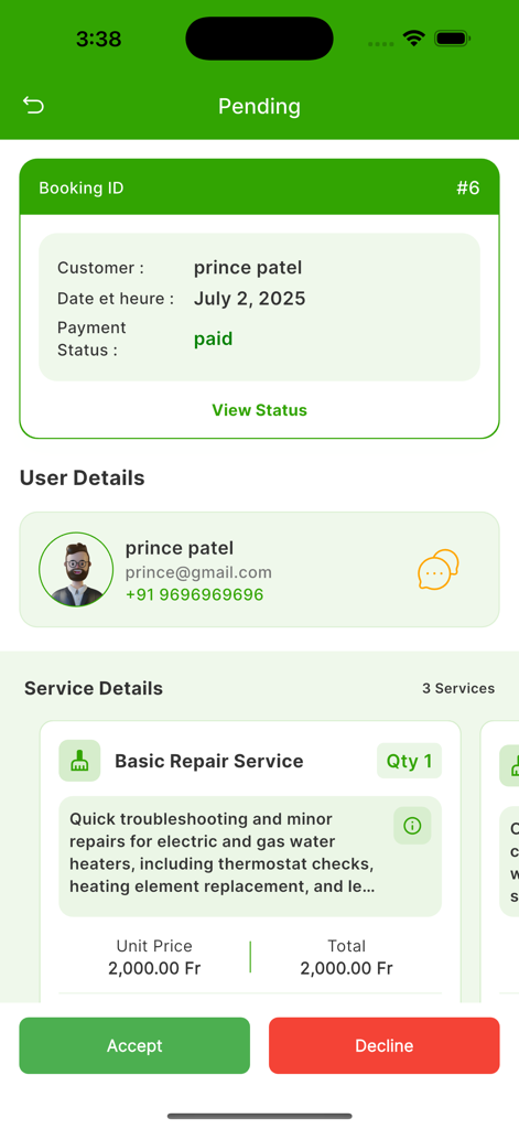 QwickServices Provider - A screen from the QwickServices Provider app showing a pending service request with customer details and buttons to accept or decline the job