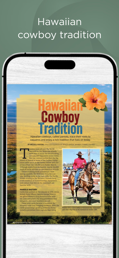 Horse Illustrated Magazine - Digital magazine article about Hawaiian cowboy tradition in the Horse Illustrated app