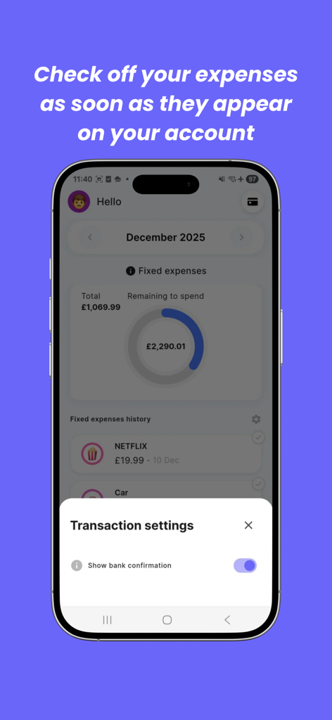A screenshot of the Finzee app showing fixed expenses and a transaction settings popup on a purple background.