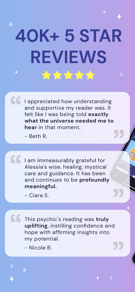 Uma captura de tela do aplicativo Sanctuary Psychic Reading mostrando avaliações positivas de usuários e uma menção a 40.000 avaliações de 5 estrelas.