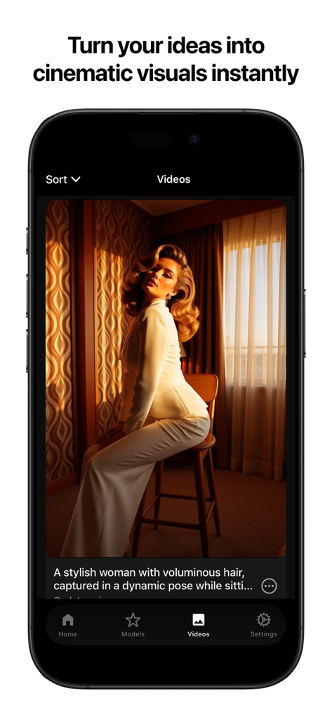 AI Box - Video Generation - Interfaz de la aplicación AI Box que muestra un vídeo cinematográfico generado de una mujer elegante en una vista de galería personal.