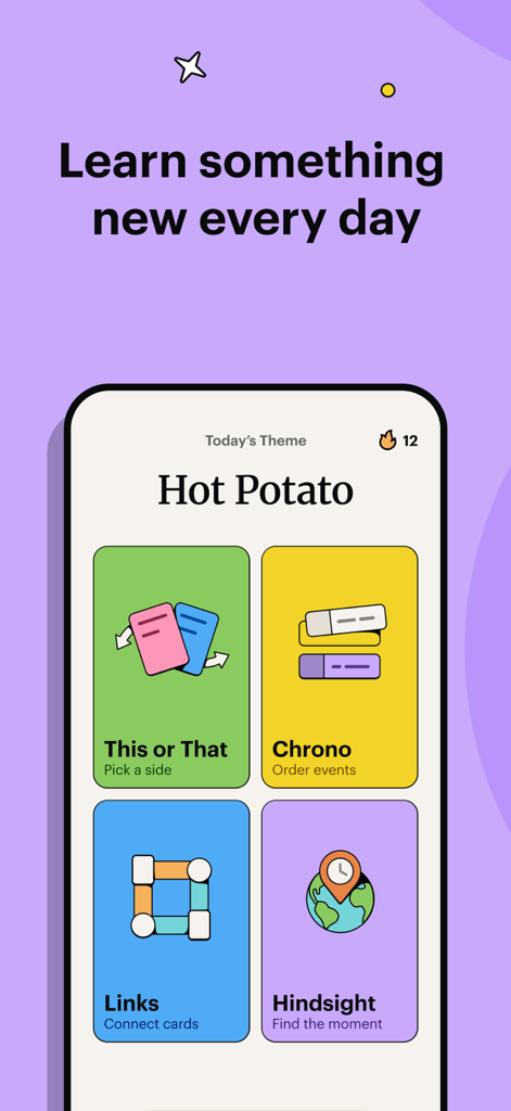 Spark: Puzzles for the Curious - The mobile interface of the Spark app displaying daily puzzle categories and an educational theme.
