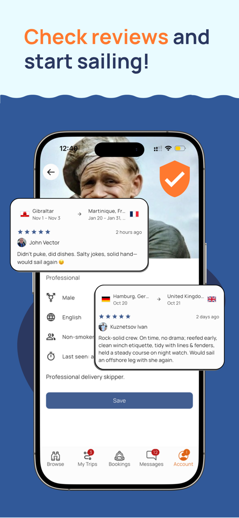 Un écran mobile montrant un profil de marin avec vérification d'identité et des critiques positives de l'équipage pour un voyage à voile.