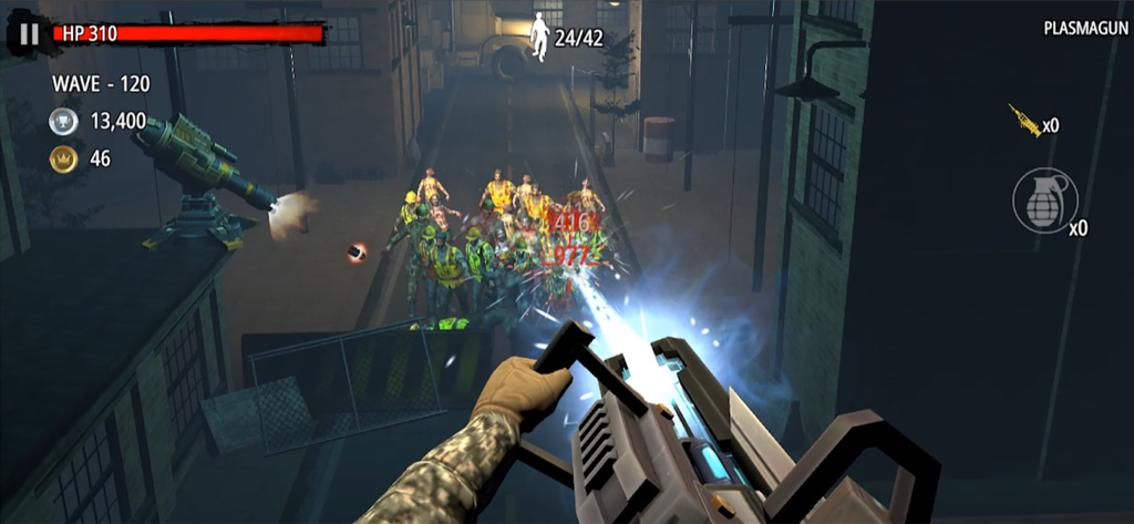 Zombie Hunter D-Day - Jugabilidad de disparos en primera persona de Zombie Hunter D Day con una pistola de plasma disparando a una horda de zombies