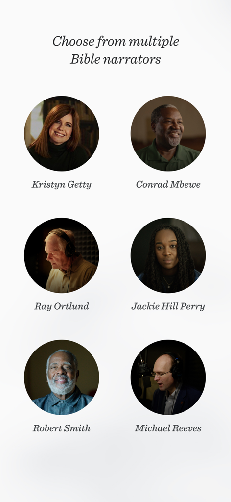 A menu showing different Bible narrators in the ESV app including Kristyn Getty and Jackie Hill Perry