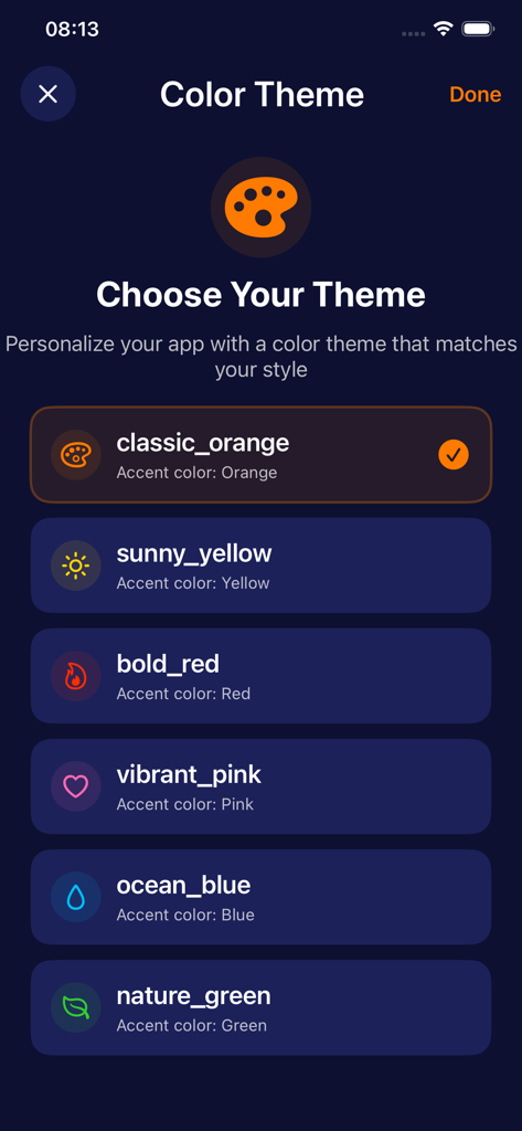 Movidex app screen showing various color theme options for user personalization