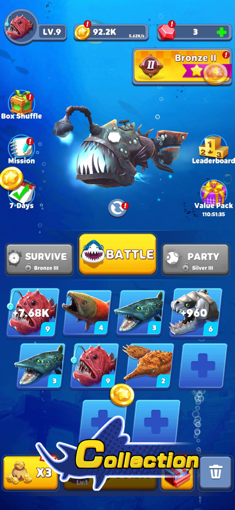 The collection screen of Fish Eater.io showing various evolved fish and battle menu options