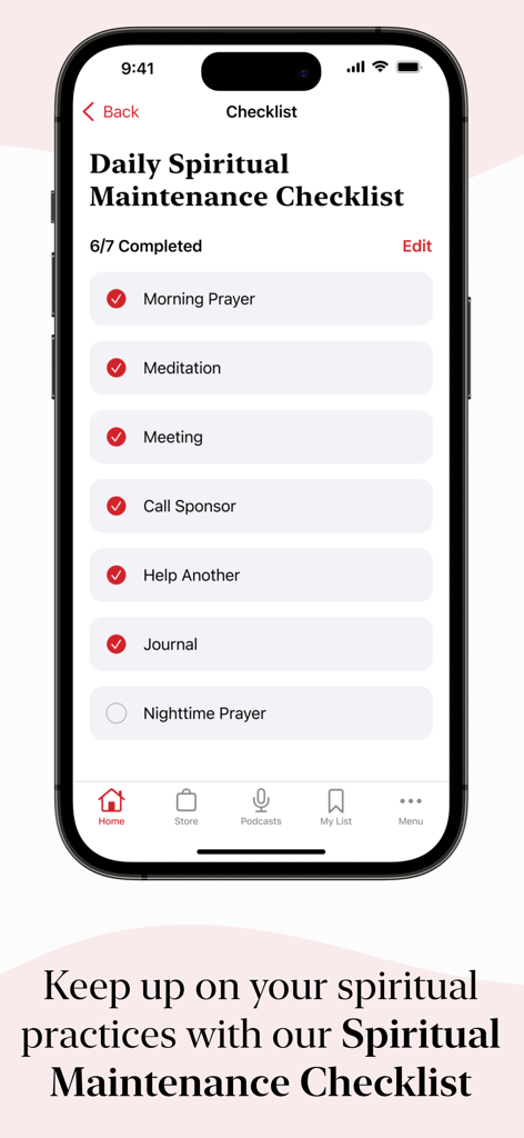 Daily Spiritual Maintenance Checklist screen on the AA Grapevine mobile app