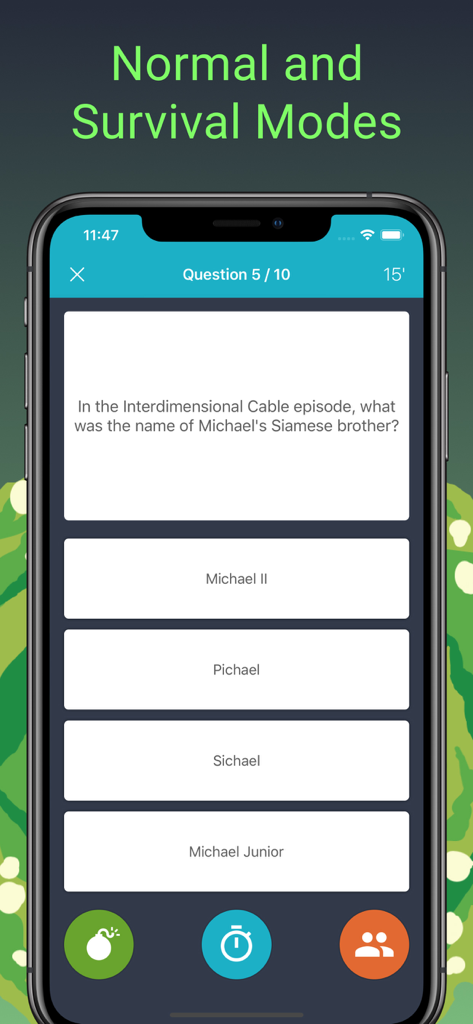 Rick and Morty fan trivia app showing a multiple choice question about characters from the show