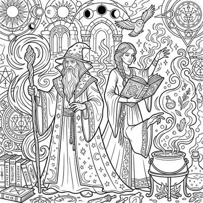 Step into a world of enchantment with this captivating coloring page featuring powerful wizards and wise witches. Designed specifically for seniors, it offers clear lines and rich magical details for a relaxing and stimulating coloring experience.