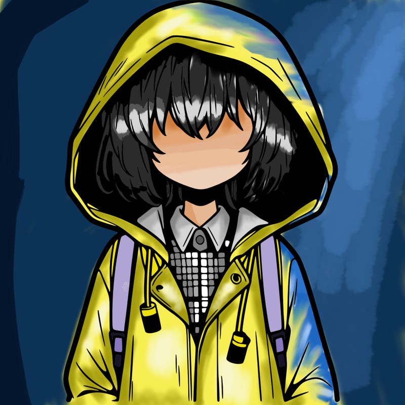 little anime girl in a raincoat her hair is covering her eyes she has a lighter
