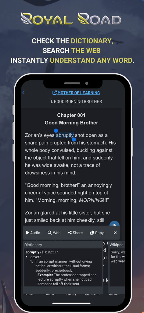Royal Road - Read Stories - スマートフォン画面。Royal Roadアプリが表示され、読書中に単語を定義するための統合辞書が搭載されています。
