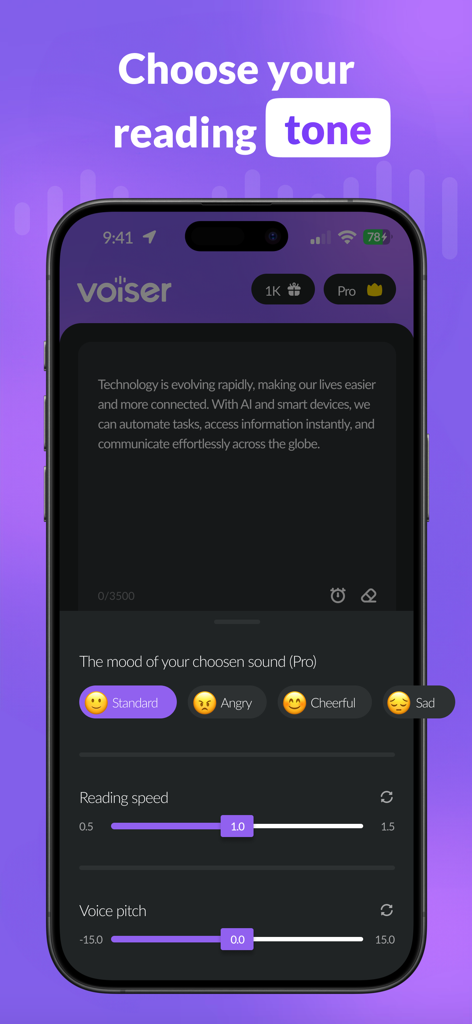 AI Voice Over: Text to Speech - Mobile screen showing Voiser AI app interface with options to customize reading tone mood speed and voice pitch