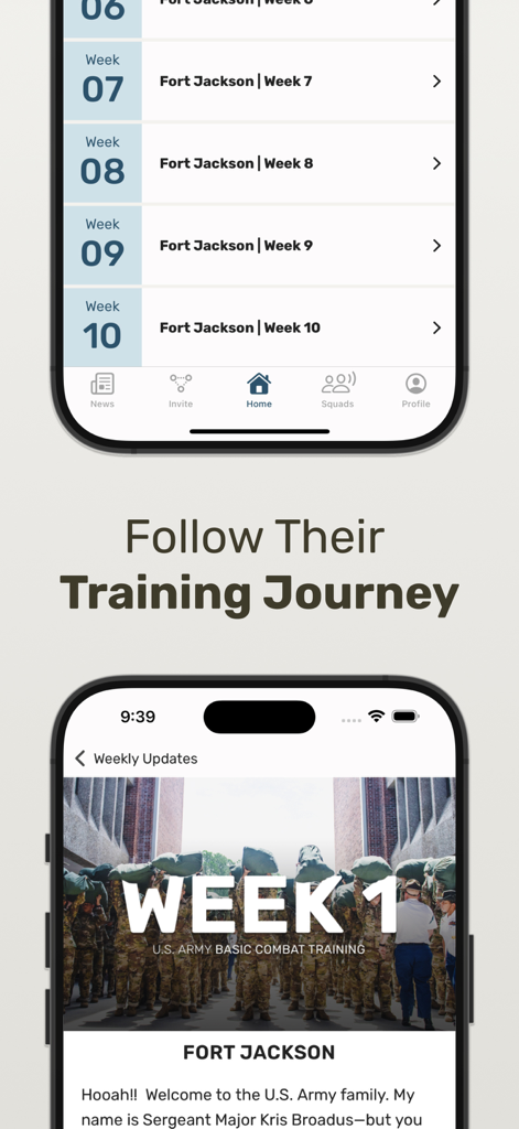 Two mobile screens from the Sandboxx app displaying a weekly training timeline and basic combat training updates for Fort Jackson.